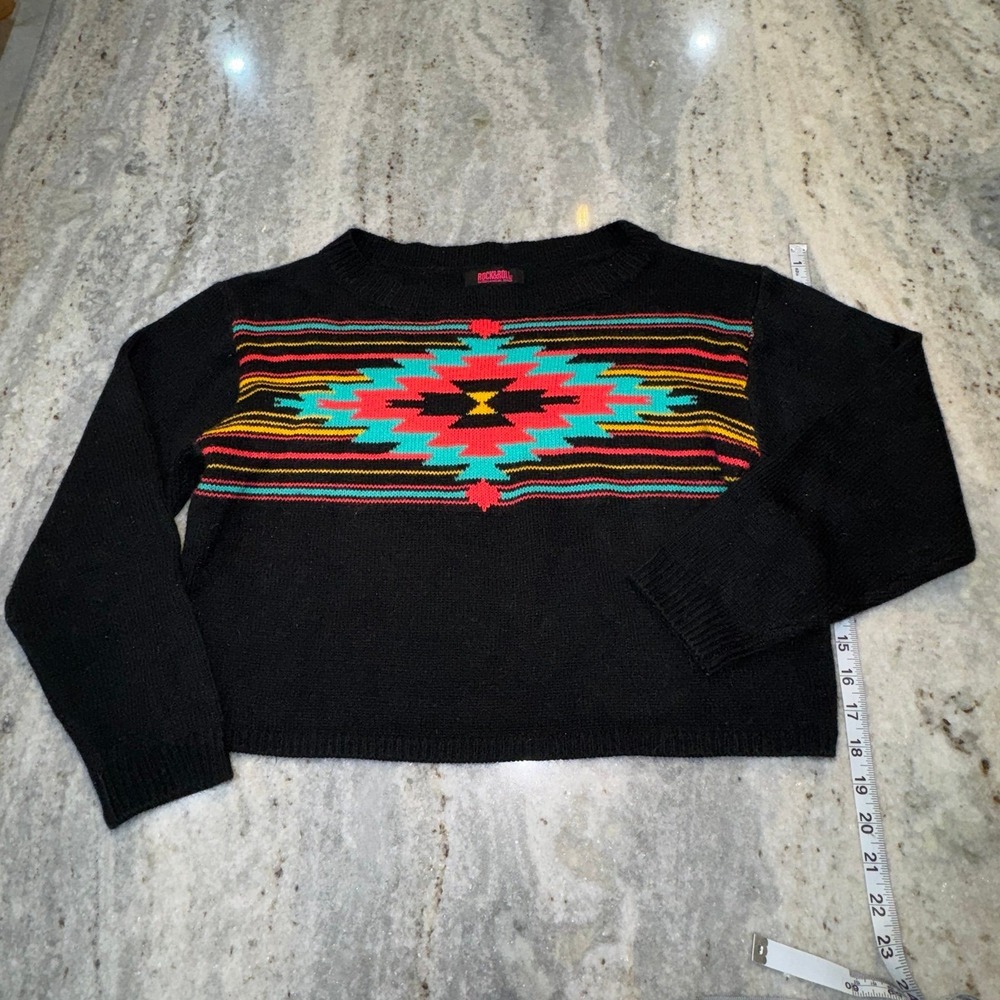 Rock &‎ Roll Cowgirl Large Knit Sweater Crewneck Black Multicolor